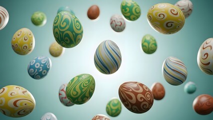 Colorful decorated eggs floating in mid air patterns