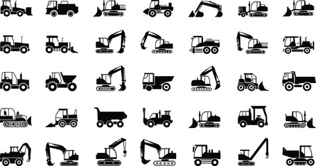 Construction machinery silhouette icon set with excavator, bulldozer, loader, dump truck and heavy equipment vehicles for industrial design, engineering, logistics and infographic projects © Itz Butterfly
