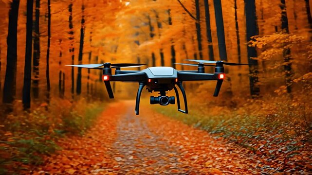 Drone following path through autumn forest vibrant orange tones