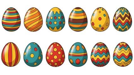 Colorful Easter Eggs with Various Patterns and stripes polka dots