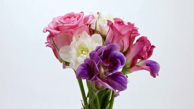 Romantic bouquet featuring roses, freesias, and irises on a clean background