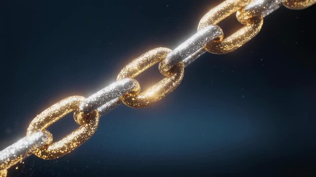 Glittering gold and silver chain links linked together, against a dark background with small particles