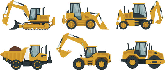 Yellow construction machinery set with excavator, loader, backhoe, dump truck and road roller vehicles isolated on white background for industrial engineering, building projects and logistics design © Itz Butterfly