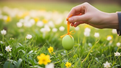 Hand Holding Green Easter Egg with Orange Ribbon in Flower Field green egg yellow flowers