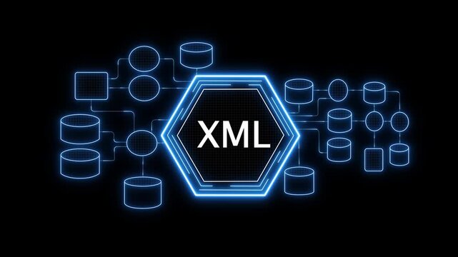 Futuristic blue digital HUD interface displaying the text XML in a circular glowing frame, Extensible Markup Language data technology concept
