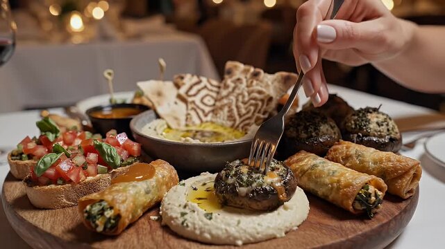 Gourmet appetizer platter with assorted dips and bread on wooden table
