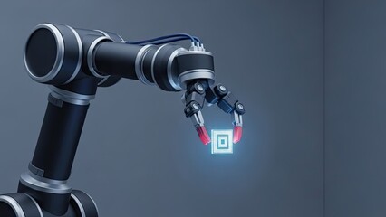 Fototapeta premium Robotic arm holding digital icon against a blurred background concept