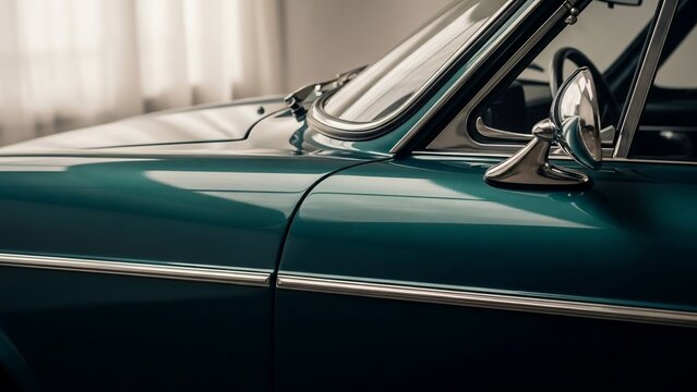 Vintage Teal Car Side Mirror and Door Close-up.