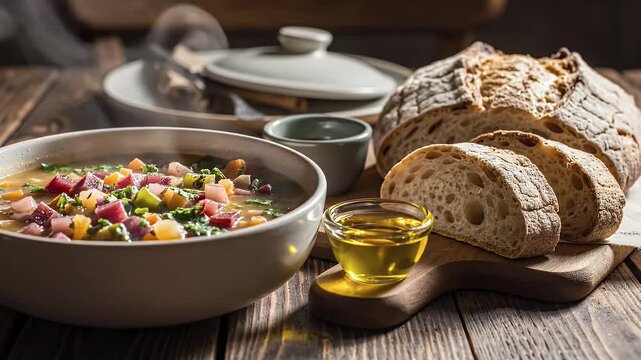 Soup bowl with bread and olive oil on wooden table