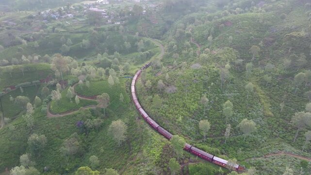 Scenic Rail Journey: A long train winds its way through lush, verdant landscapes. The shot captures the beauty and tranquility of a journey through nature.