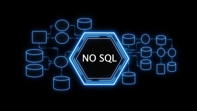Neon cloud with No SQL text surrounded by business and technology icons on a dark background, scalable NoSQL database and cloud data storage concept