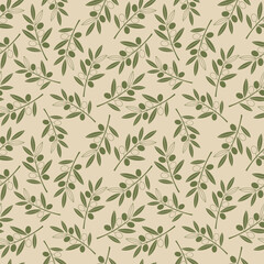 Obraz premium Seamless pattern with olive branches, leaves and olives in a simple line art style. Minimalist Mediterranean botanical pattern for textile, wallpaper and modern surface design. Vector illustration.