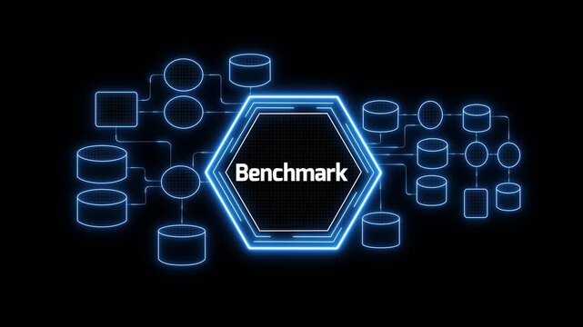 benchmark data visualization with finance and goal symbols. modern technology hud showing benchmark process. strategic benchmarking and analysis network dashboard 