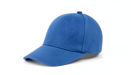 Fototapeta premium A classic blank blue baseball cap isolated on a white background. High-quality mockup ready for branding, logos, sports merchandise, and casual fashion imagery.