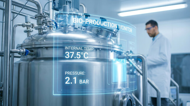 Biopharmaceutical Production Tank with Digital Monitoring Display in Laboratory Facility
