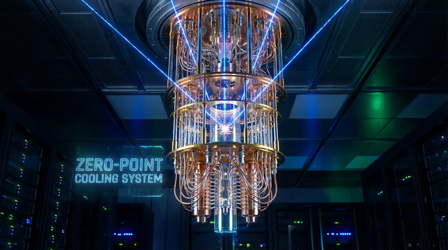 Futuristic Quantum Computer Cooling System with Golden Wiring and Glowing Blue Lasers in a Data Center