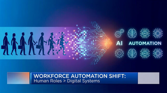 Conceptual representation of workforce automation shift showing human roles transitioning into digital artificial intelligence systems