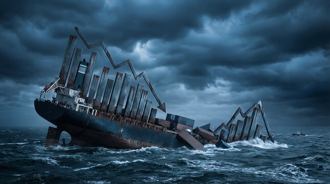 Conceptual sinking cargo ship with falling financial graph in a stormy sea representing economic recession and global trade crisis