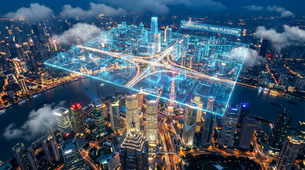 Futuristic Smart City Digital Twin Simulation with Urban Data Visualization and 3D Wireframe Infrastructure at Night