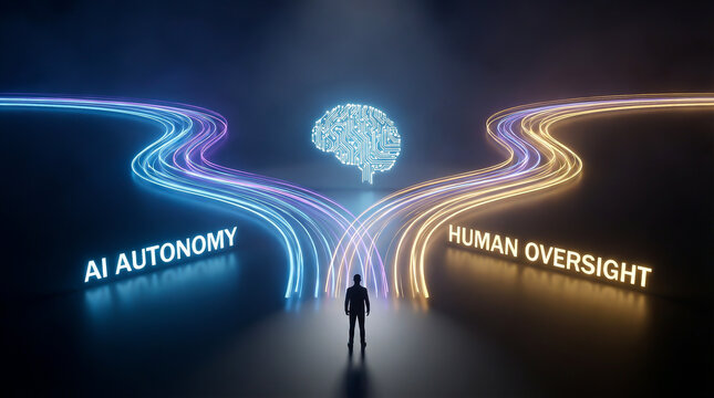 Conceptual image of a person at a crossroads choosing between AI autonomy and human oversight with glowing light trails