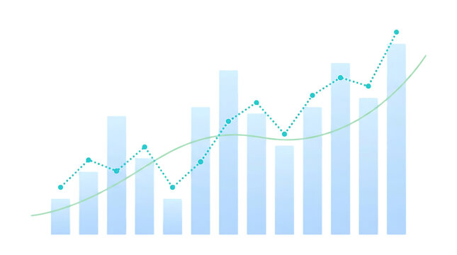 This image depicts a financial growth chart with light blue bars and a green trendline showcasing upward progress on transparent background high quality