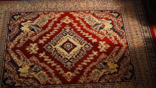 Intricate Persian rug with geometric patterns and rich red tones