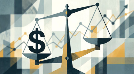 Abstract Financial Balance Scale with Dollar Sign and Growth Charts for Economic Concept