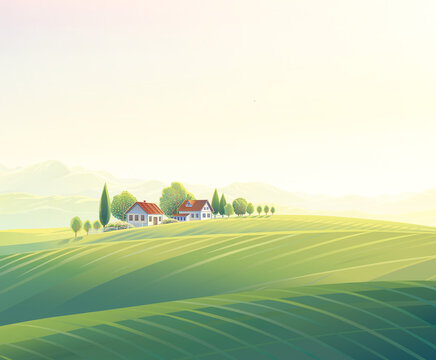 Rural summer landscape with village and hills, Illuminated by the  sunrise light. Raster illustration.