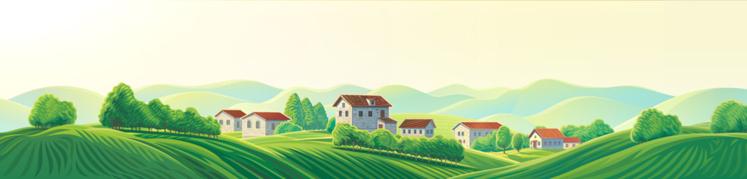 Summer rural landscape, with hills and agriculture fields and gardens, and village houses, on top of a hill. Raster illustration.