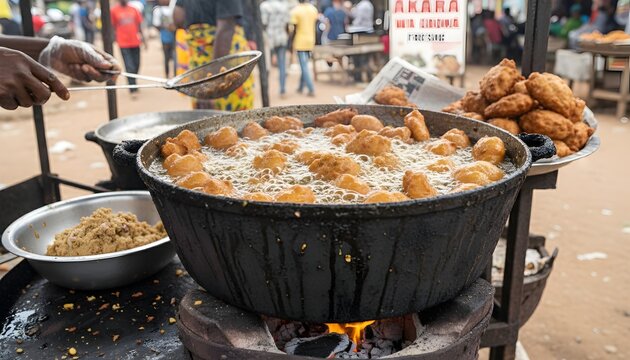 Street food vendor frying battered snacks in a large black cauldron filled with bubbling oil, with blurred market background and steam rising