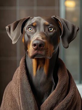 Dog wrapped in a brown towel looks into the camera after a bath in a cozy bathroom setting during the day