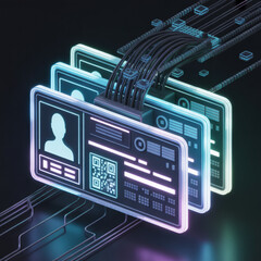 Digital Identity Cards Connected in Futuristic Network with Neon Glow