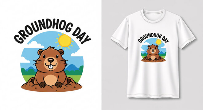 Groundhog day t-shirt design with cute cartoon woodchuck emerging from hole under sunny blue sky