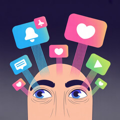 Social Media Notifications Overwhelming Human Head Illustration