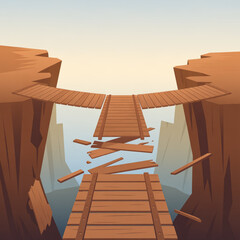 Broken Wooden Bridge over Deep Canyon, Cartoon Illustration Symbolizing Challenge