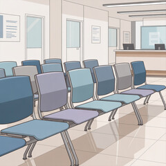 Empty Hospital Waiting Room Illustration with Blue Chairs and Reception Desk