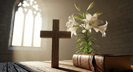 A christian cross, lilies, and a bible on a wooden table, bathed in sunlight from a church window