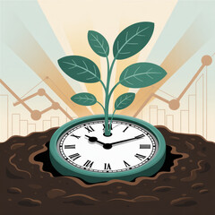 Financial Growth Plant Sprouting from Clock in Soil Illustration