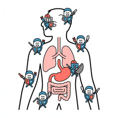 Immune System Cells Protecting Human Body Organs Cartoon Illustration