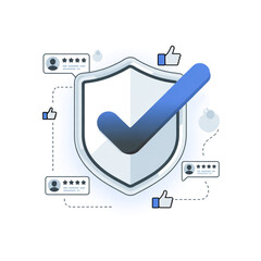 Security Shield Checkmark with User Reviews and Likes, Flat Vector Illustration for Trust and Verification