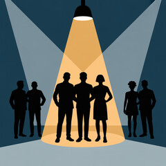 Spotlight Illuminating Business Team Silhouettes on Dark Stage Vector Illustration