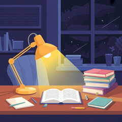 Night Study Desk with Open Book and Bright Lamp Vector Illustration