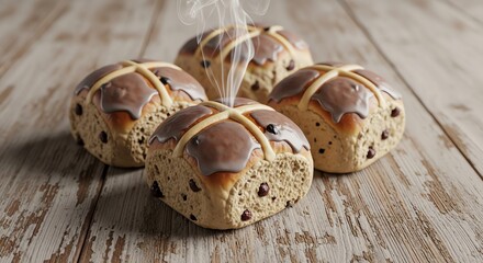 Warm hot cross buns with chocolate chips on a wooden table