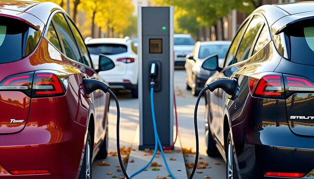 Electric cars charging at a public station on a sunny autumn day with fallen leaves