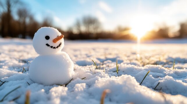 Snowman welcomes spring in a meadow of melting snow and blooming flowers