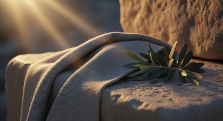 Empty tomb with a laurel wreath, symbolizing resurrection and victory