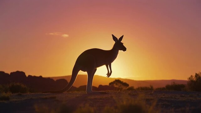 Silhouette of a Kangaroo Against a Vibrant Sunset in the Australian Outback Landscape