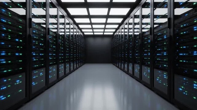 Long row of servers operating in a modern data center, showcasing advanced cloud computing infrastructure in a high-tech environment.