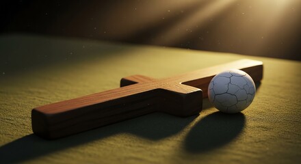 Wooden cross and cracked orb bathed in divine light