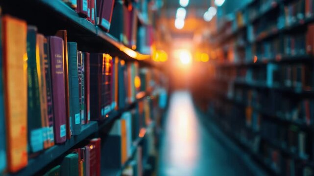 Video Row of books on a wooden shelf in a quiet library